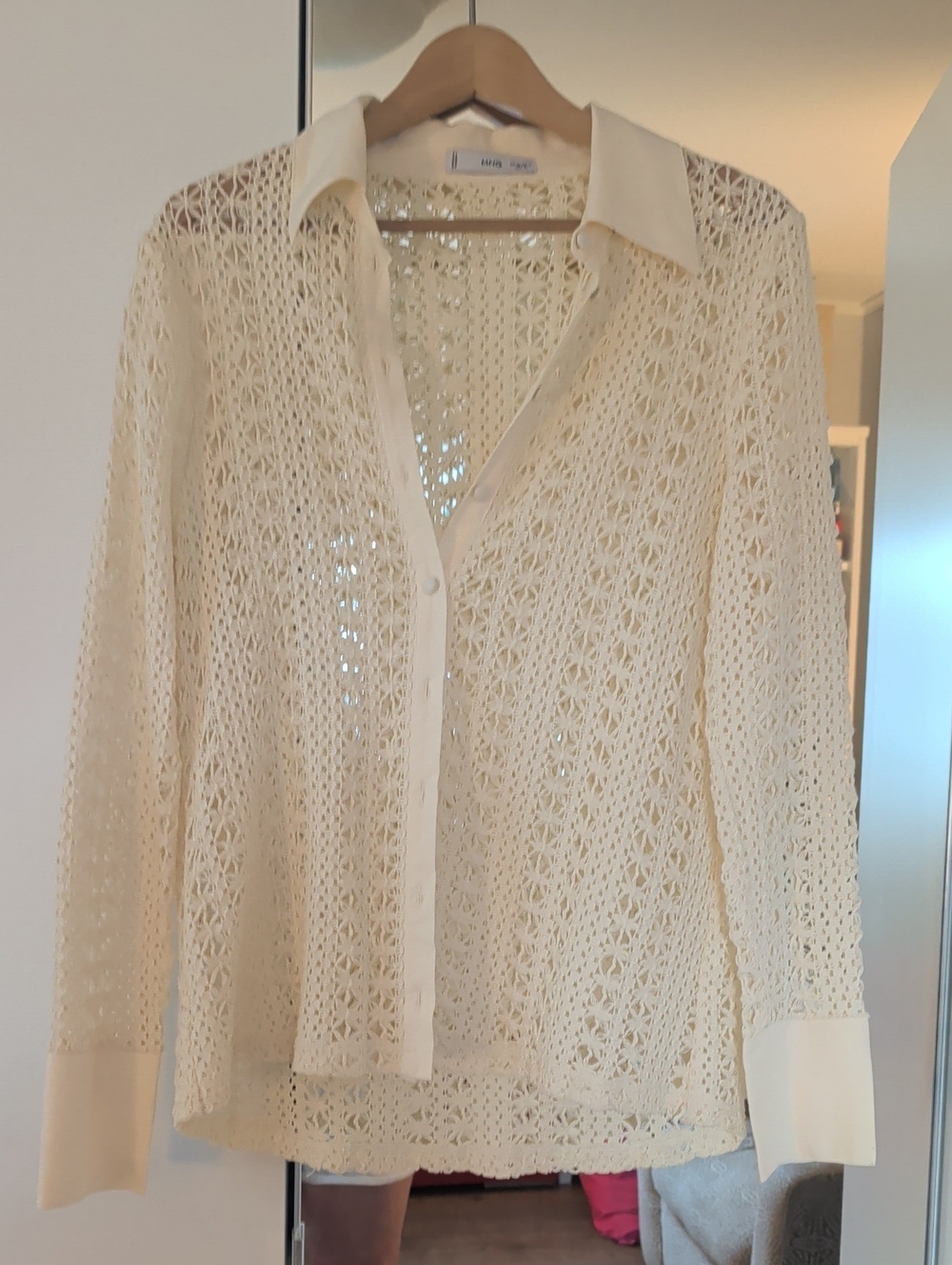 Mango Cream Open-Knit Button-Down Shirt